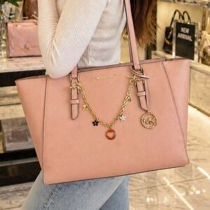 MICHAEL KORS Charlotte Large Saffiano Leather Bag in Powder Blush w/ Charm Chain